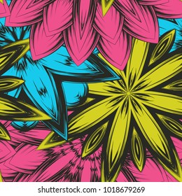 Seamless floral background. Tracery handmade nature ethnic fabric backdrop pattern with flowers. Textile design texture. Decorative color art. Vector