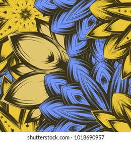 Seamless floral background. Tracery handmade nature ethnic fabric backdrop pattern with flowers. Textile design texture. Decorative color art. Vector