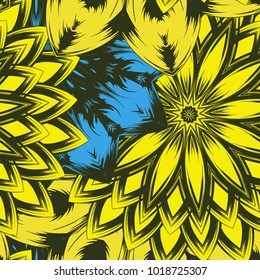 Seamless floral background. Tracery handmade nature ethnic fabric backdrop pattern with flowers. Textile design texture. Decorative color art. Vector
