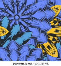 Seamless floral background. Tracery handmade nature ethnic fabric backdrop pattern with flowers. Textile design texture. Decorative color art. Vector