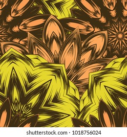Seamless floral background. Tracery handmade nature ethnic fabric backdrop pattern with flowers. Textile design texture. Decorative color art. Vector