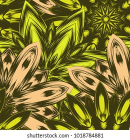 Seamless floral background. Tracery handmade nature ethnic fabric backdrop pattern with flowers. Textile design texture. Decorative color art. Vector