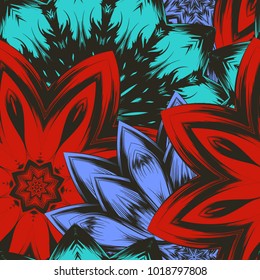 Seamless floral background. Tracery handmade nature ethnic fabric backdrop pattern with flowers. Textile design texture. Decorative color art. Vector