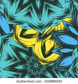 Seamless floral background. Tracery handmade nature ethnic fabric backdrop pattern with flowers. Textile design texture. Decorative color art. Vector