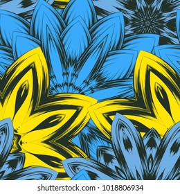 Seamless floral background. Tracery handmade nature ethnic fabric backdrop pattern with flowers. Textile design texture. Decorative color art. Vector