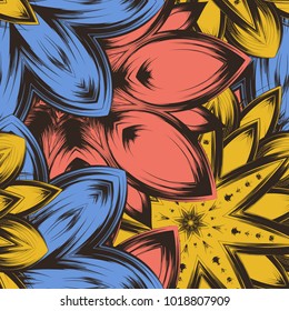 Seamless floral background. Tracery handmade nature ethnic fabric backdrop pattern with flowers. Textile design texture. Decorative color art. Vector