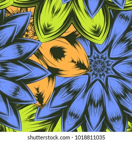 Seamless floral background. Tracery handmade nature ethnic fabric backdrop pattern with flowers. Textile design texture. Decorative color art. Vector