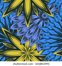 Seamless floral background. Tracery handmade nature ethnic fabric backdrop pattern with flowers. Textile design texture. Decorative color art. Vector