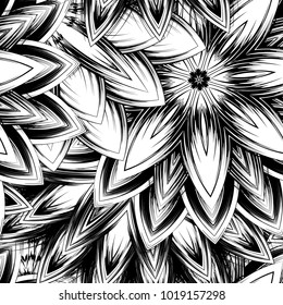 Seamless floral background. Tracery handmade nature ethnic fabric backdrop pattern with saturated dark flowers. Textile design texture. Decorative binary monochrome black and white art. Vector