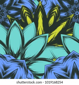 Seamless floral background. Tracery handmade nature ethnic fabric backdrop pattern with flowers. Textile design texture. Decorative color art. Vector