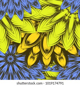 Seamless floral background. Tracery handmade nature ethnic fabric backdrop pattern with flowers. Textile design texture. Decorative color art. Vector