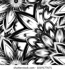 Seamless floral background. Tracery handmade nature ethnic fabric backdrop pattern with saturated dark flowers. Textile design texture. Decorative binary monochrome black and white art. Vector