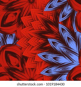 Seamless floral background. Tracery handmade nature ethnic fabric backdrop pattern with flowers. Textile design texture. Decorative color art. Vector