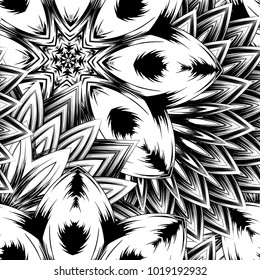 Seamless floral background. Tracery handmade nature ethnic fabric backdrop pattern with saturated dark flowers. Textile design texture. Decorative binary monochrome black and white art. Vector