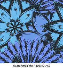 Seamless floral background. Tracery handmade nature ethnic fabric backdrop pattern with flowers. Textile design texture. Decorative color art. Vector