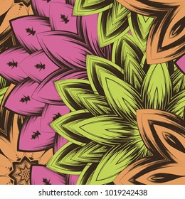 Seamless floral background. Tracery handmade nature ethnic fabric backdrop pattern with flowers. Textile design texture. Decorative color art. Vector