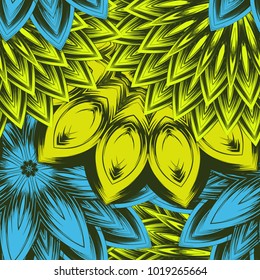 Seamless floral background. Tracery handmade nature ethnic fabric backdrop pattern with flowers. Textile design texture. Decorative color art. Vector