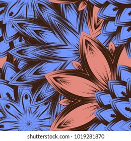 Seamless floral background. Tracery handmade nature ethnic fabric backdrop pattern with flowers. Textile design texture. Decorative color art. Vector