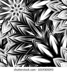 Seamless floral background. Tracery handmade nature ethnic fabric backdrop pattern with saturated dark flowers. Textile design texture. Decorative binary monochrome black and white art. Vector