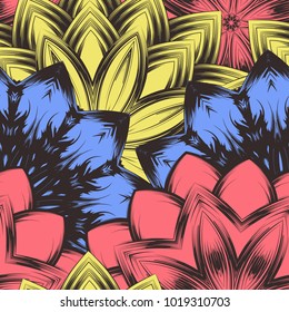 Seamless floral background. Tracery handmade nature ethnic fabric backdrop pattern with flowers. Textile design texture. Decorative color art. Vector