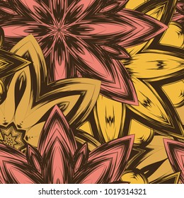 Seamless floral background. Tracery handmade nature ethnic fabric backdrop pattern with flowers. Textile design texture. Decorative color art. Vector