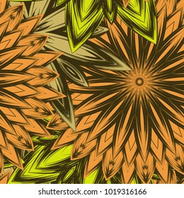 Seamless floral background. Tracery handmade nature ethnic fabric backdrop pattern with flowers. Textile design texture. Decorative color art. Vector