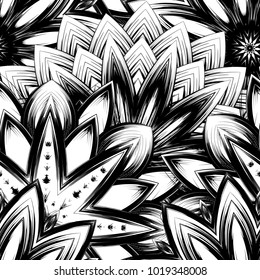 Seamless floral background. Tracery handmade nature ethnic fabric backdrop pattern with saturated dark flowers. Textile design texture. Decorative binary monochrome black and white art. Vector
