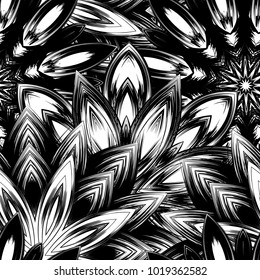Seamless floral background. Tracery handmade nature ethnic fabric backdrop pattern with saturated dark flowers. Textile design texture. Decorative binary monochrome black and white art. Vector