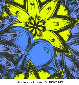 Seamless floral background. Tracery handmade nature ethnic fabric backdrop pattern with flowers. Textile design texture. Decorative color art. Vector