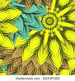 Seamless floral background. Tracery handmade nature ethnic fabric backdrop pattern with flowers. Textile design texture. Decorative color art. Vector