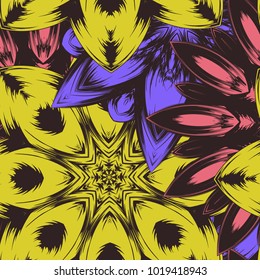 Seamless floral background. Tracery handmade nature ethnic fabric backdrop pattern with flowers. Textile design texture. Decorative color art. Vector