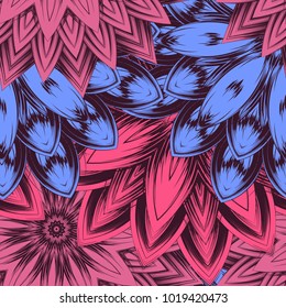 Seamless floral background. Tracery handmade nature ethnic fabric backdrop pattern with flowers. Textile design texture. Decorative color art. Vector