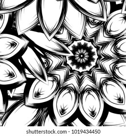 Seamless floral background. Tracery handmade nature ethnic fabric backdrop pattern with saturated dark flowers. Textile design texture. Decorative binary monochrome black and white art. Vector