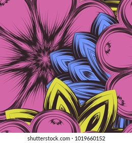 Seamless floral background. Tracery handmade nature ethnic fabric backdrop pattern with flowers. Textile design texture. Decorative color art. Vector