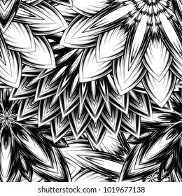 Seamless floral background. Tracery handmade nature ethnic fabric backdrop pattern with saturated dark flowers. Textile design texture. Decorative binary monochrome black and white art. Vector