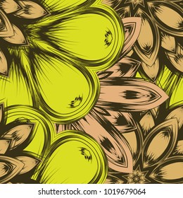 Seamless floral background. Tracery handmade nature ethnic fabric backdrop pattern with flowers. Textile design texture. Decorative color art. Vector