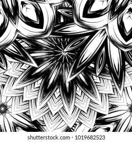 Seamless floral background. Tracery handmade nature ethnic fabric backdrop pattern with saturated dark flowers. Textile design texture. Decorative binary monochrome black and white art. Vector