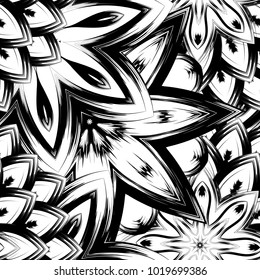 Seamless floral background. Tracery handmade nature ethnic fabric backdrop pattern with saturated dark flowers. Textile design texture. Decorative binary monochrome black and white art. Vector