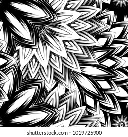 Seamless floral background. Tracery handmade nature ethnic fabric backdrop pattern with saturated dark flowers. Textile design texture. Decorative binary monochrome black and white art. Vector