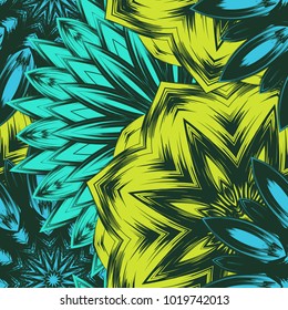 Seamless floral background. Tracery handmade nature ethnic fabric backdrop pattern with flowers. Textile design texture. Decorative color art. Vector