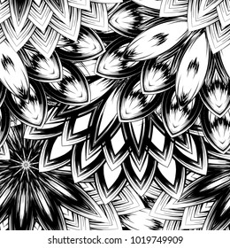 Seamless floral background. Tracery handmade nature ethnic fabric backdrop pattern with saturated dark flowers. Textile design texture. Decorative binary monochrome black and white art. Vector