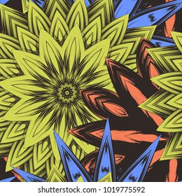 Seamless floral background. Tracery handmade nature ethnic fabric backdrop pattern with flowers. Textile design texture. Decorative color art. Vector