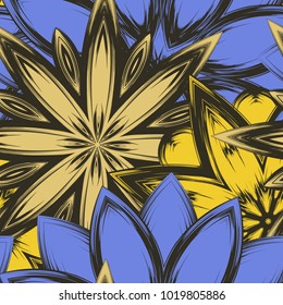 Seamless floral background. Tracery handmade nature ethnic fabric backdrop pattern with flowers. Textile design texture. Decorative color art. Vector