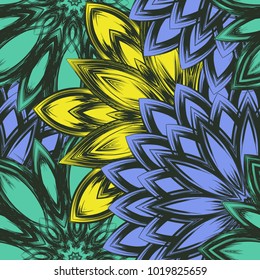 Seamless floral background. Tracery handmade nature ethnic fabric backdrop pattern with flowers. Textile design texture. Decorative color art. Vector