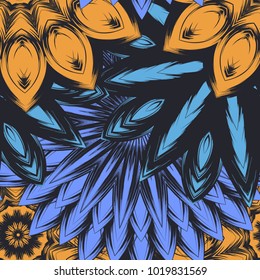 Seamless floral background. Tracery handmade nature ethnic fabric backdrop pattern with flowers. Textile design texture. Decorative color art. Vector
