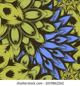 Seamless floral background. Tracery handmade nature ethnic fabric backdrop pattern with flowers. Textile design texture. Decorative color art. Vector