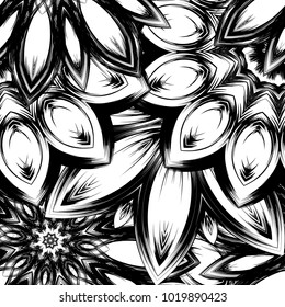 Seamless floral background. Tracery handmade nature ethnic fabric backdrop pattern with saturated dark flowers. Textile design texture. Decorative binary monochrome black and white art. Vector