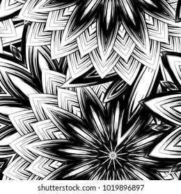 Seamless floral background. Tracery handmade nature ethnic fabric backdrop pattern with saturated dark flowers. Textile design texture. Decorative binary monochrome black and white art. Vector