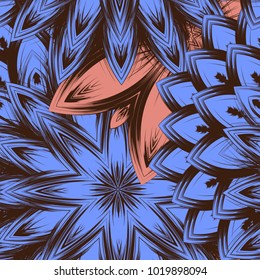 Seamless floral background. Tracery handmade nature ethnic fabric backdrop pattern with flowers. Textile design texture. Decorative color art. Vector