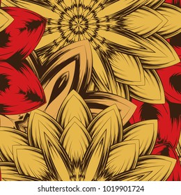 Seamless floral background. Tracery handmade nature ethnic fabric backdrop pattern with flowers. Textile design texture. Decorative color art. Vector